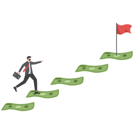 Smart businessman about to step on money stair to achieve goal  Illustration