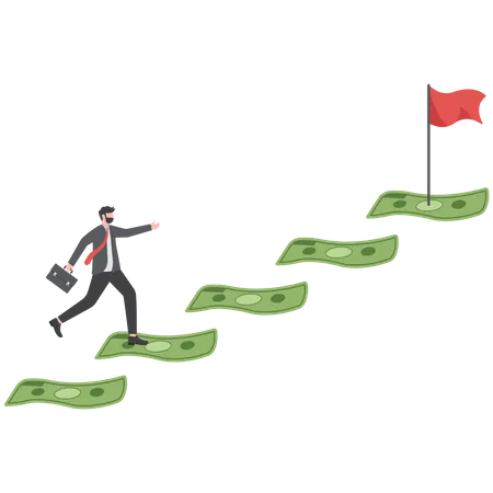 Smart businessman about to step on money stair to achieve goal  イラスト