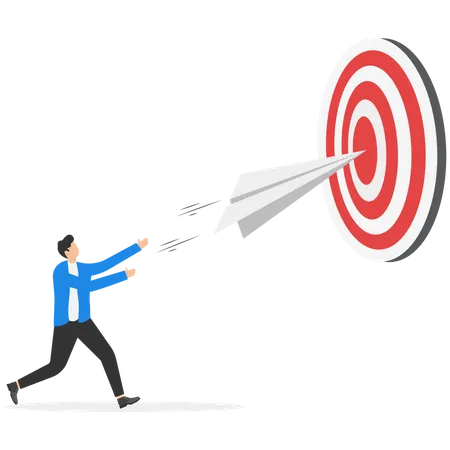 Business Goal Or Target Challenge Or Improvement To Achieve Success Win Business Competition Or Motivation Concept Paper Plane Origami Flying Through Dartboard Or Archer Bullseye Target Illustration
