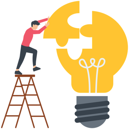 Smart businessman assemble last piece of jigsaw to complete light bulb idea puzzle  Illustration