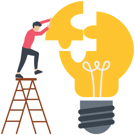 Smart businessman assemble last piece of jigsaw to complete light bulb idea puzzle  Illustration