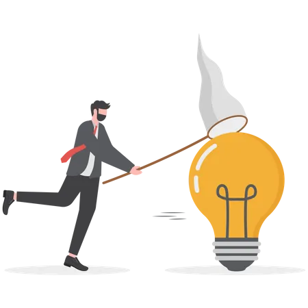 Capture New Business Ideas Search For Innovation Or Creativity Brainstorm Or Invent New Discovery Project Concept Smart Businessman Chasing And Catch Flying Lightbulb Ideaswith Butterfly Net Illustration
