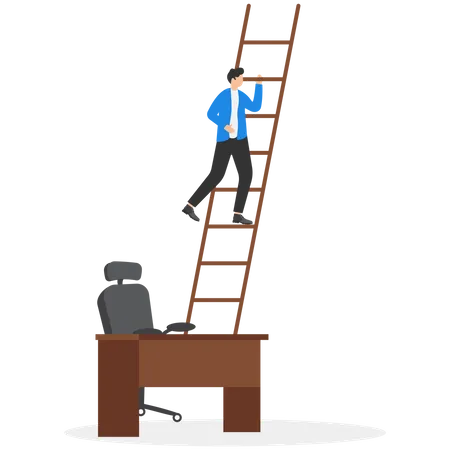 Career Path Or Job Promotion Occupation Or Ladder Of Success Growth Step Or Progress To Achieve Goal Challenge And Ambition Concept Businessman Climb Up Ladder From His Working Desk To Higher Level Illustration