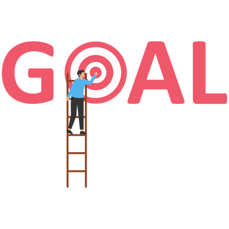 Smart businessman climb up ladder high into cloud sky to reach goal dartboard  Illustration