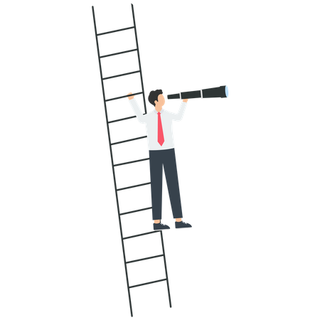 Smart Businessman Climbs The Ladder And Looks Into The Distance With A Telescope  Illustration