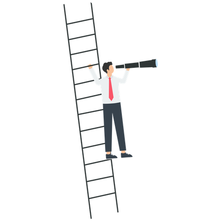 Smart Businessman Climbs The Ladder And Looks Into The Distance With A Telescope  イラスト