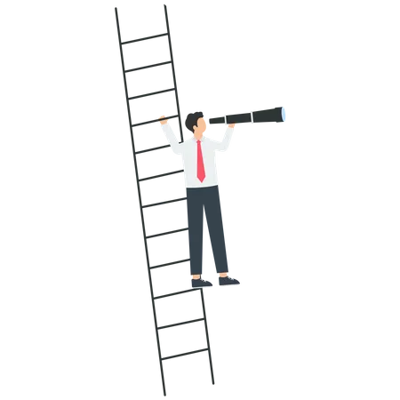 Smart Businessman Climbs The Ladder And Looks Into The Distance With A Telescope  イラスト