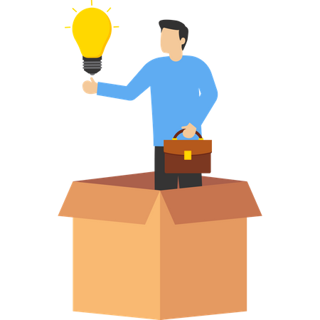 Smart businessman coming out of paper box with new glowing light bulb idea  イラスト