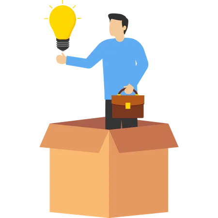 Thinking Outside The Box Concept Of Motivation And Innovation Creativity To Create Different Business Ideas Smart Businessman Coming Out Of Paper Box With New Glowing Light Bulb Idea イラスト