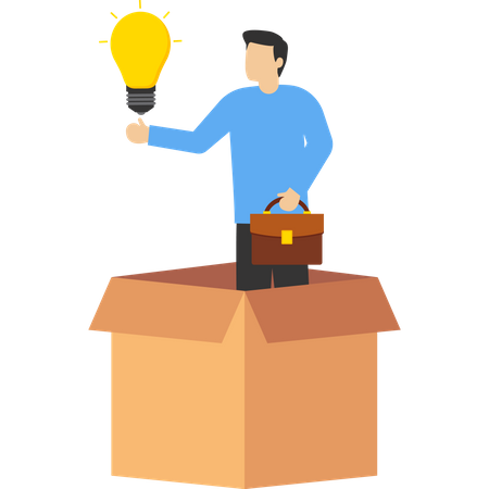 Smart businessman coming out of paper box with new glowing light bulb idea  イラスト