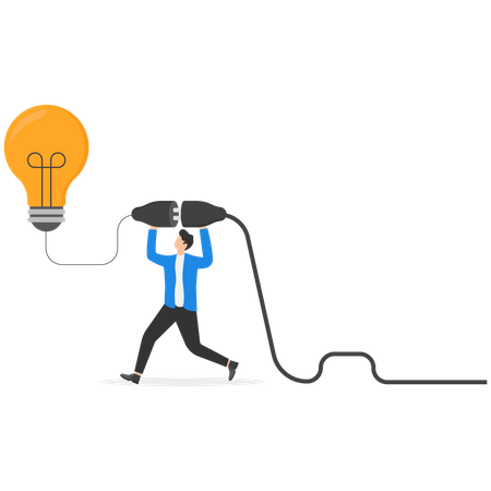 Smart businessman connect electric plug to turn on bright lightbulb idea  Illustration