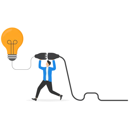 Smart businessman connect electric plug to turn on bright lightbulb idea  Illustration