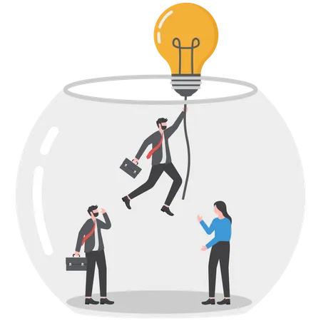 Smart businessman entrepreneur flying with lightbulb idea balloon escape from fish tank  Illustration