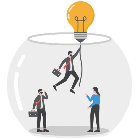 Smart businessman entrepreneur flying with lightbulb idea balloon escape from fish tank  Illustration