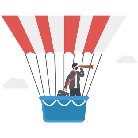Business Visionary Leadership To Achieve Mission Victory Or Career Path Concept Smart Businessman Flying High On A Hot Air Balloon Using Spyglass Or Telescope To See Through Business Vision Illustration