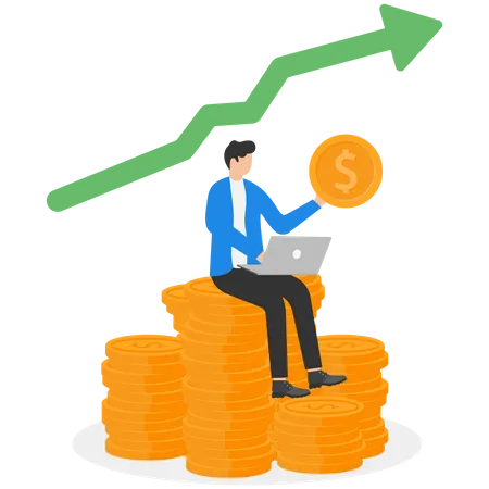 Success Investing Growing Wealth Or Being Rich From Pension Or Mutual Fund Stock Market Return Money Or Financial Success Concept Rich Businessman Jump High On Money Coin Stack With Growth Graph Illustration