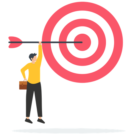 Smart businessman hanging on an arrow that sticks out of the target  Illustration