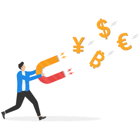 Money Magnet Power To Attract Business Opportunity And Earn More Profit Or Increase Wealth Salary Raise Or Earn More Income Concept Smart Businessman Hold High Power Magnet To Draw Money Sign Illustration