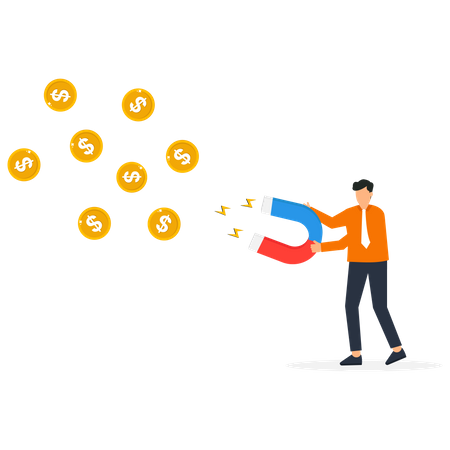 Smart businessman hold high power magnet to draw money banknotes  イラスト