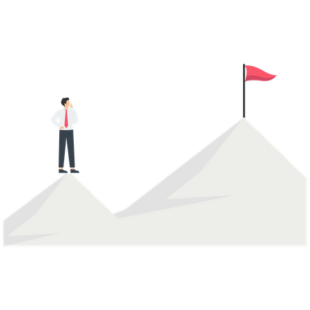 Smart Businessman Holding A Flag Standing On The Top Of The Mountain And Looking To Another Higher Mountain  Illustration