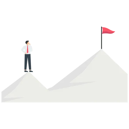 Smart Businessman Holding A Flag Standing On The Top Of The Mountain And Looking To Another Higher Mountain  Illustration