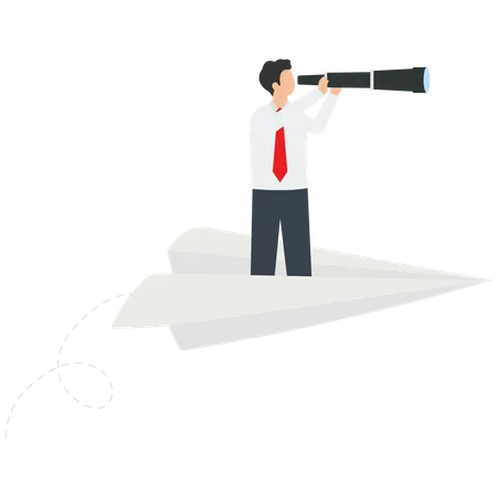 Business Vision Direction Innovative Success Career Growth And Goal Achievement See Opportunities And Create A Business Strategy Businessman Holding Binoculars Standing On A Paper Plane Vector Illustration