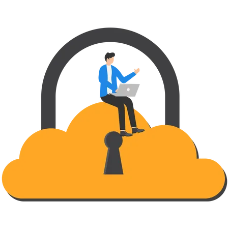 Smart businessman holding floating cloud padlock with security key  Illustration