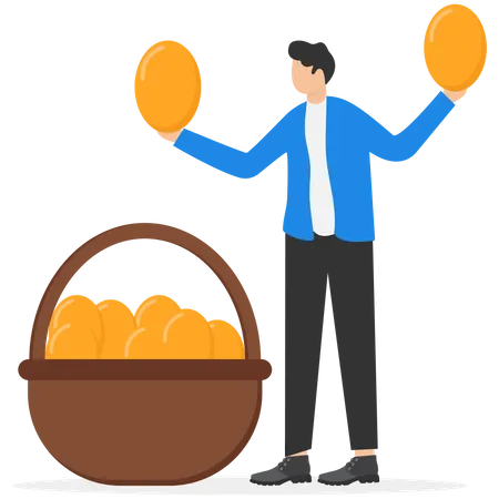 Smart Businessman Holding Golden Eggs Diversify By Putting In Baskets  Illustration