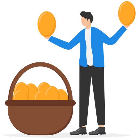 Smart Businessman Holding Golden Eggs Diversify By Putting In Baskets  Illustration