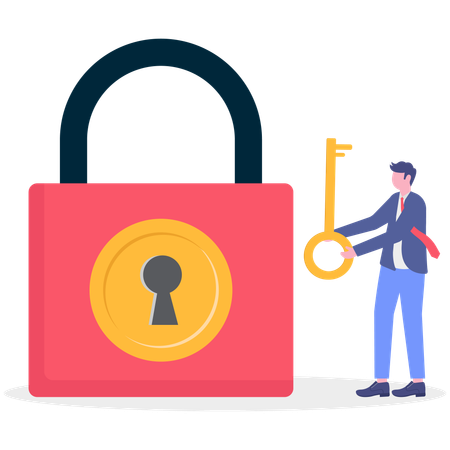 Smart businessman holding huge golden key to unlock coin keyhole  Illustration