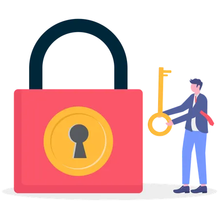 Smart businessman holding huge golden key to unlock coin keyhole  Illustration