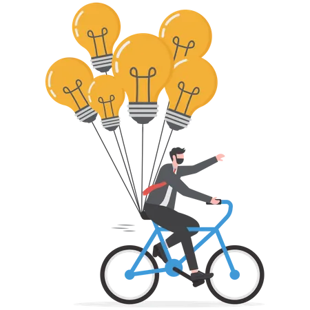 Smart businessman holding lightbulb idea balloons  Illustration