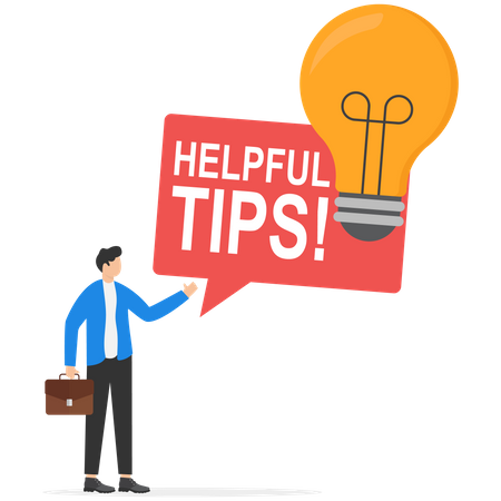 Smart businessman holding lightbulb ideas balloon telling helpful tips  Illustration