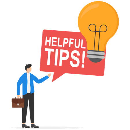 Smart businessman holding lightbulb ideas balloon telling helpful tips  Illustration