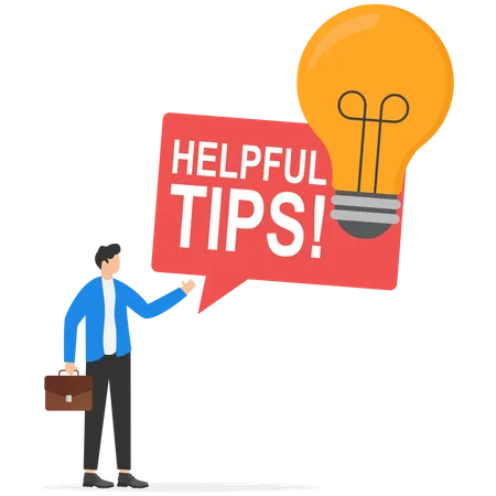 Smart businessman holding lightbulb ideas balloon telling helpful tips  Illustration