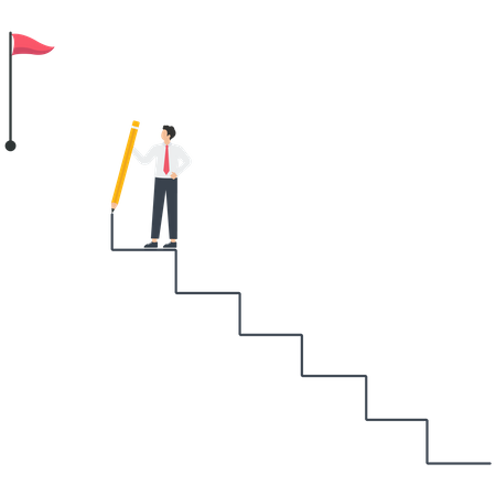 Smart Businessman Holding Pencil To Draw Stairs To Reach Target Point  イラスト