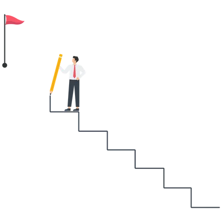 Smart Businessman Holding Pencil To Draw Stairs To Reach Target Point  イラスト