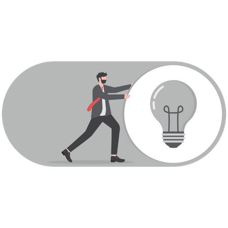 Smart businessman in suit switching on the switch to turn on lightbulb lamp  metaphor of discover new idea  Illustration