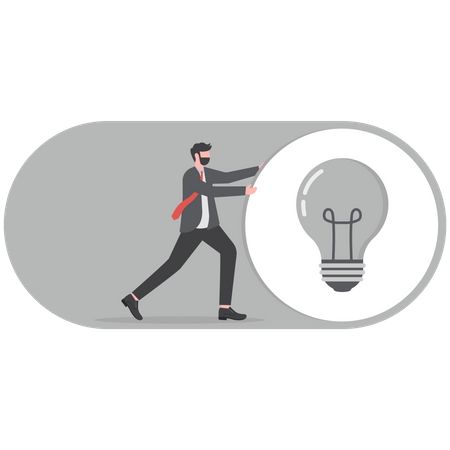Smart businessman in suit switching on the switch to turn on lightbulb lamp  metaphor of discover new idea  Illustration