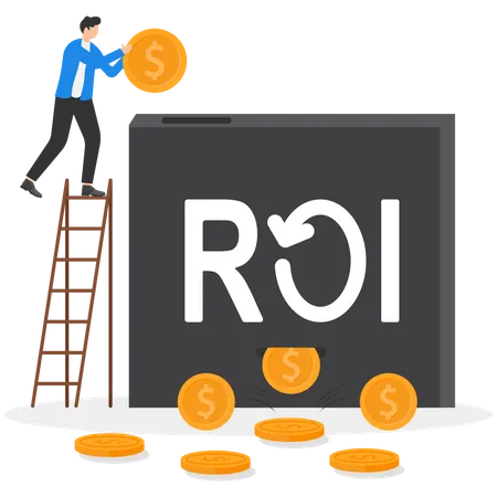 ROI Return On Investment Performance Measure From Cost Invested And Profit Efficiency Marketing Cost To Get Campaign Success Concept Businessman Invest Money Coin In ROI Box To Get Return Profit Illustration