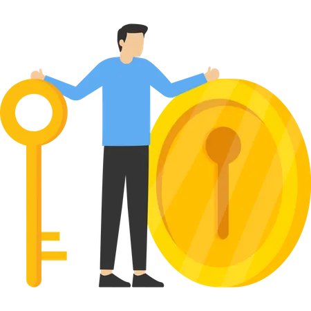 Smart businessman investor holding big golden key to open coin keyhole  Illustration