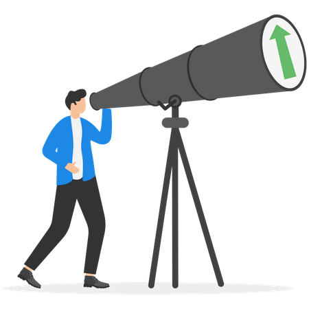Smart businessman investor look into huge telescope to see rising up green graph  イラスト