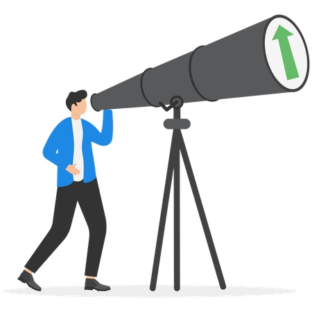 Smart businessman investor look into huge telescope to see rising up green graph  Illustration