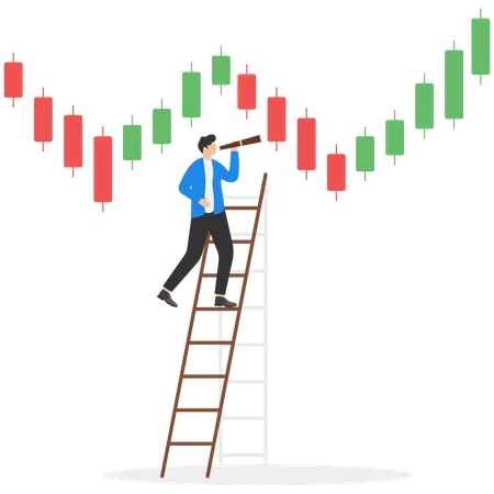 Investment Forecast Or Prediction Vision To See Investing Opportunity Future Profit From Stock And Crypto Trading Concept Businessman Investor Look On Spyglass On Trading Candlestick Chart Illustration