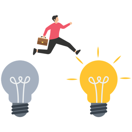 Smart businessman jump from old to new shiny light bulb idea  イラスト