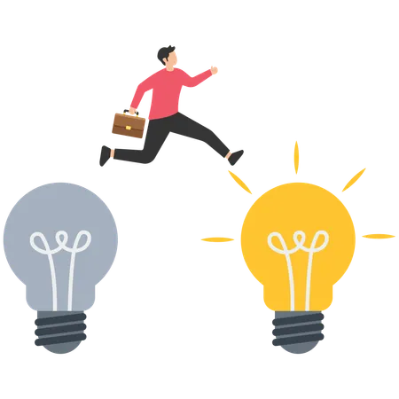 Smart businessman jump from old to new shiny light bulb idea  イラスト