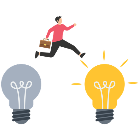 Smart businessman jump from old to new shiny light bulb idea  Illustration