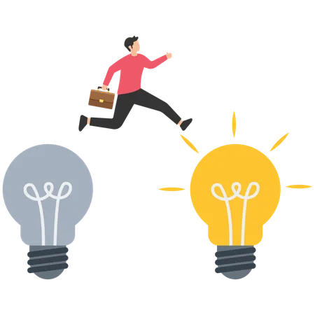 Smart businessman jump from old to new shiny light bulb idea  Illustration