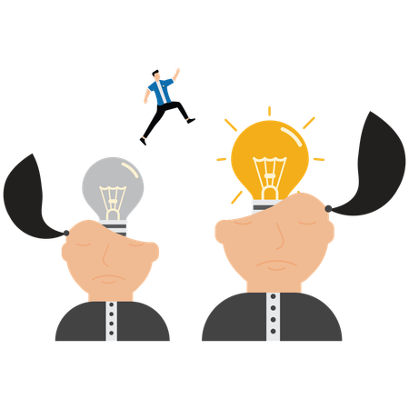 Smart businessman jump from old to new shiny lightbulb idea  Illustration