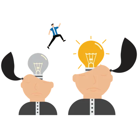 Smart businessman jump from old to new shiny lightbulb idea  Illustration